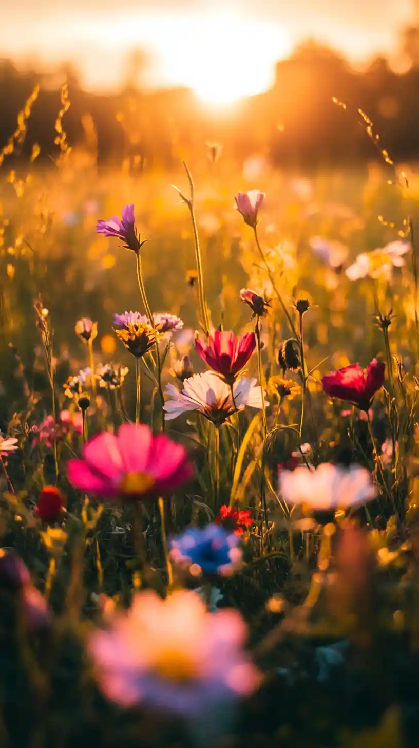 Wide meadow of colorful wildflowers at warm golden sunset