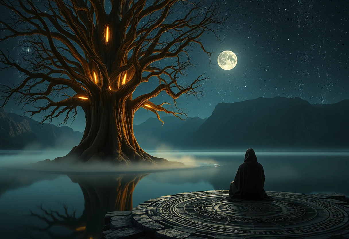 Ancient world tree glowing over a silent starlit lake