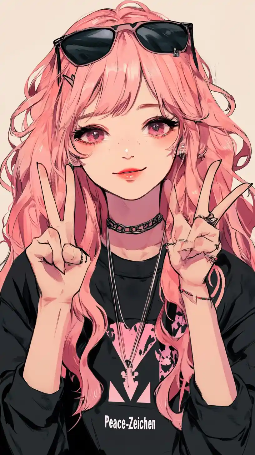 Cheerful anime schoolgirl portrait with playful peace sign pose