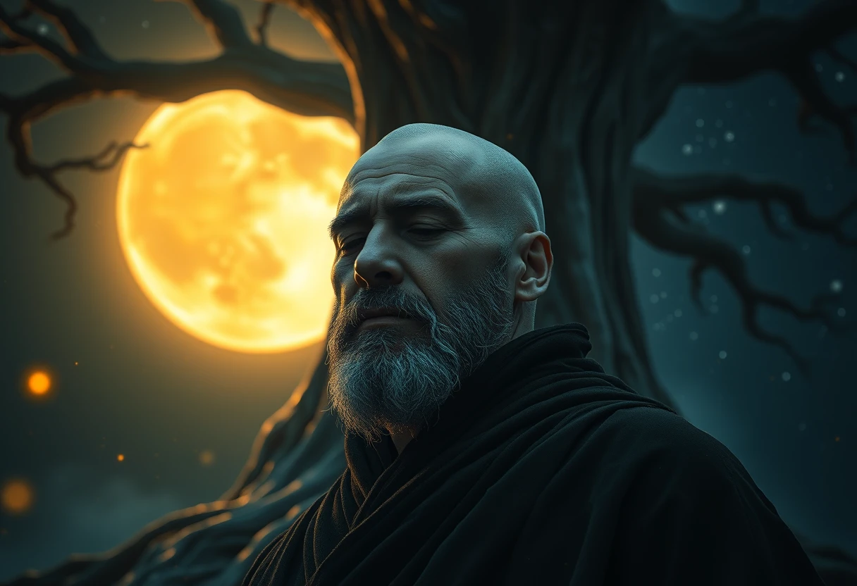 Solitary monk beneath the world tree in moonlit silence