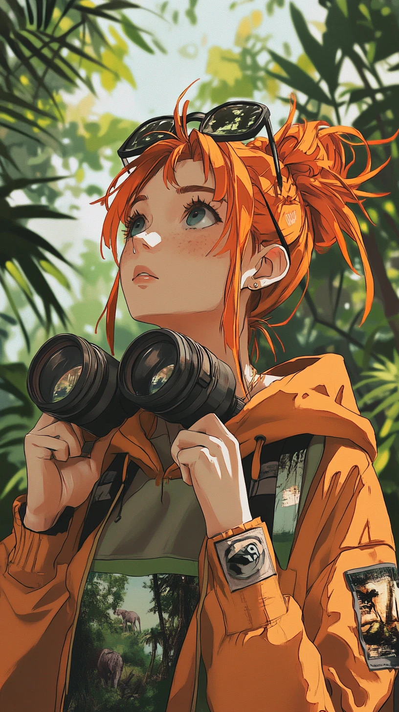 Chica de anime con binoculares en un exuberante safari por la jungla
