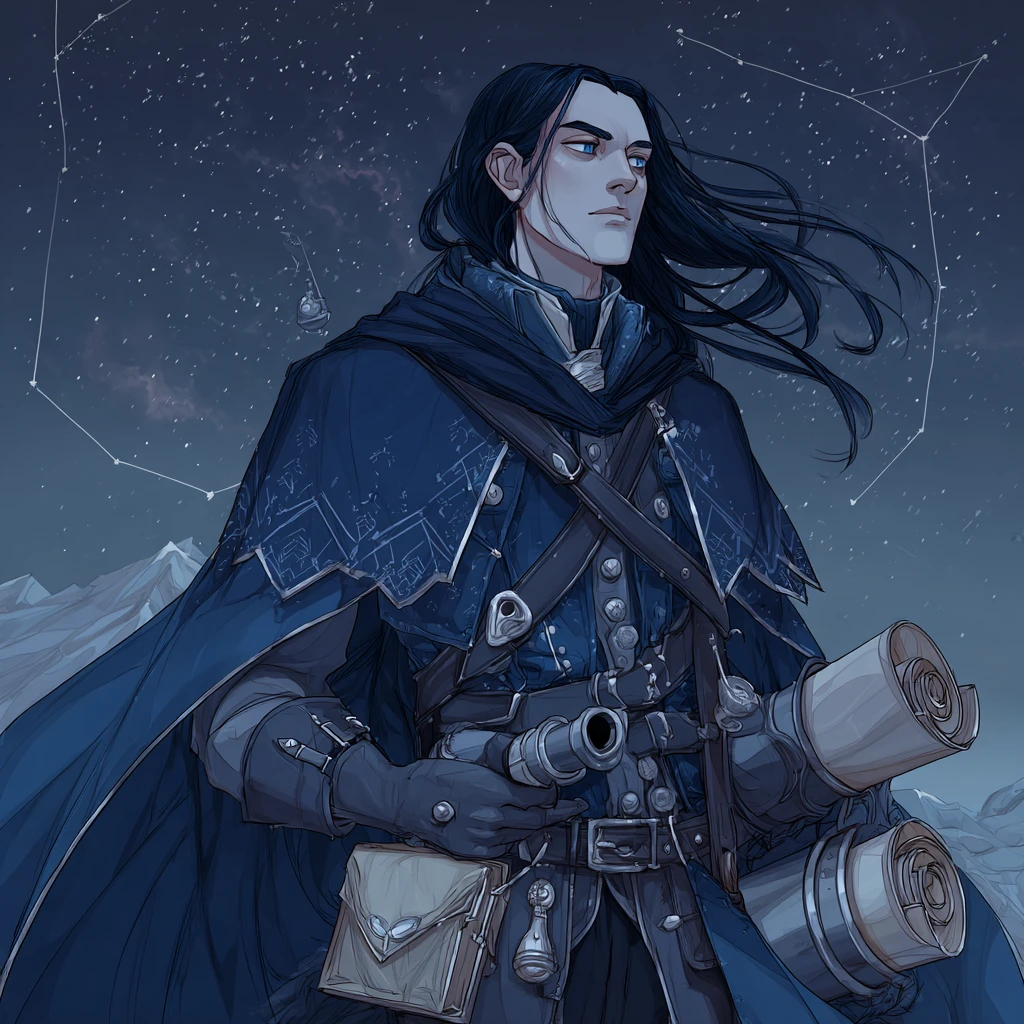 Fantasy astronomer navigator under a vast night sky