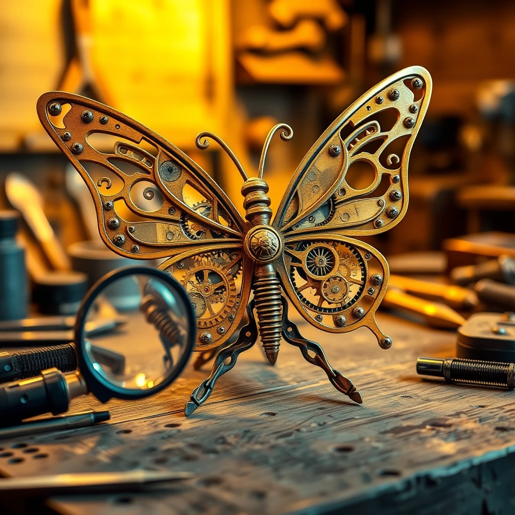 Scultura di farfalla meccanica su banco da lavoro in legno vintage