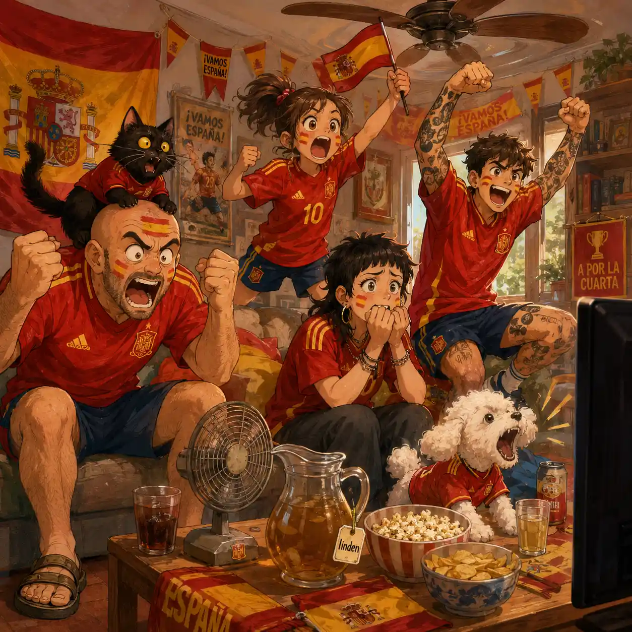 Spanish family watching football match in living room