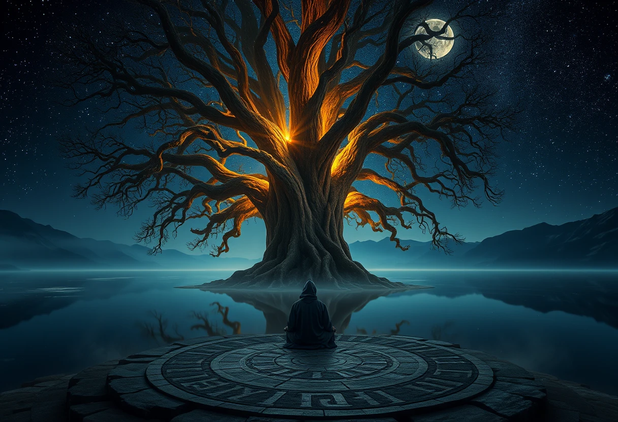 Ancient world tree glowing above a still nocturnal lake