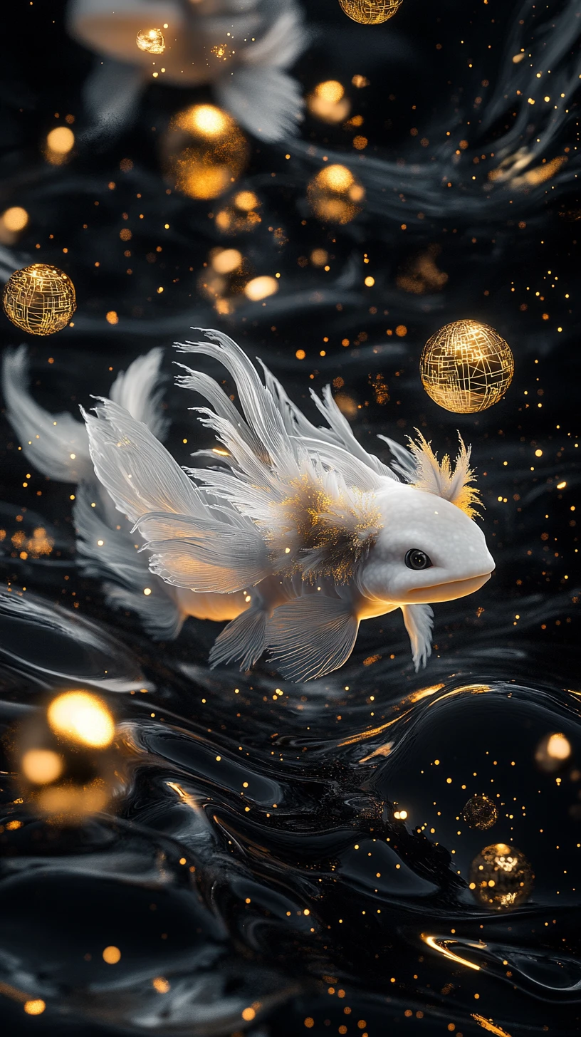 Ethereal axolotl drifting through surreal crystalline dark water