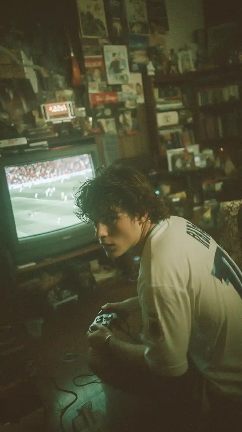 Man playing retro console in dim bedroom with crt tv