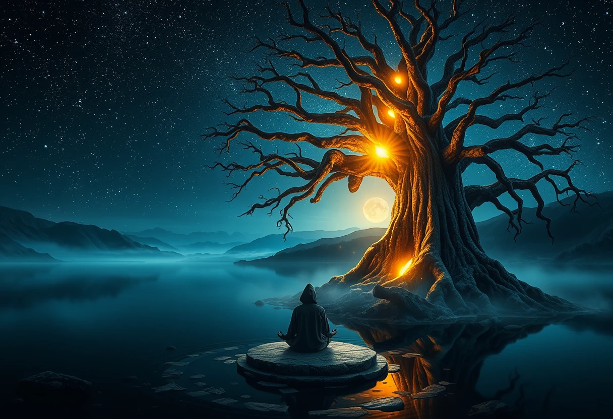 Ancient world tree glowing beside a still night lake