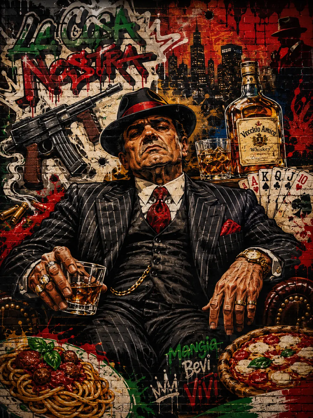 Menacing mafia boss mural on gritty graffiti brick wall