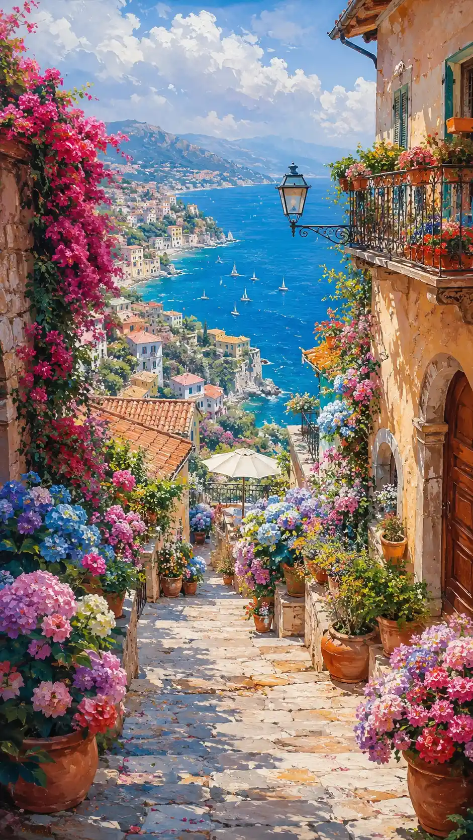 Mediterranean seaside town in pastel watercolor summer light