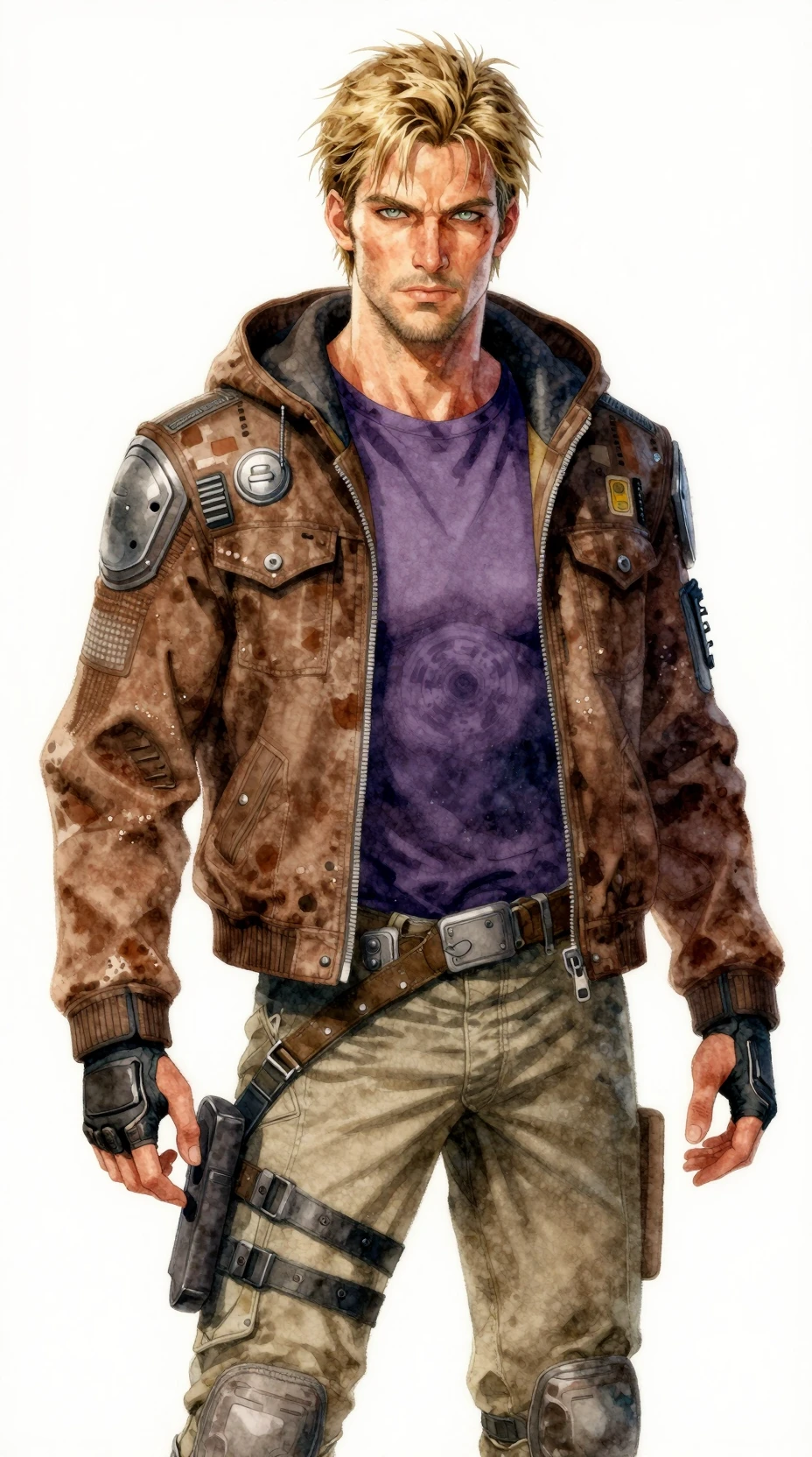 Rugged sci fi hero with scarred face and hooded jacket