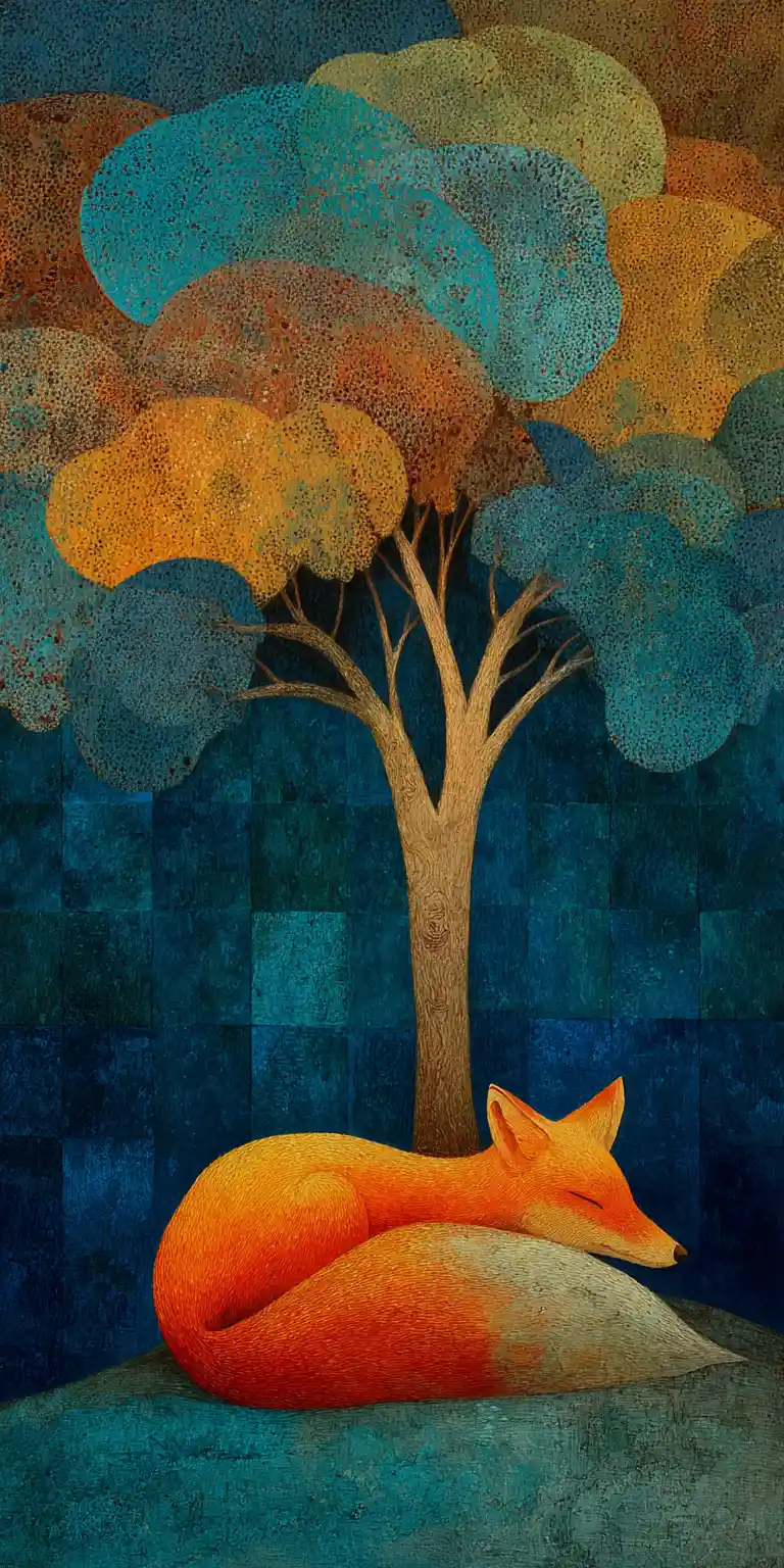 Raposa surreal descansando sob uma árvore em uma floresta fantástica