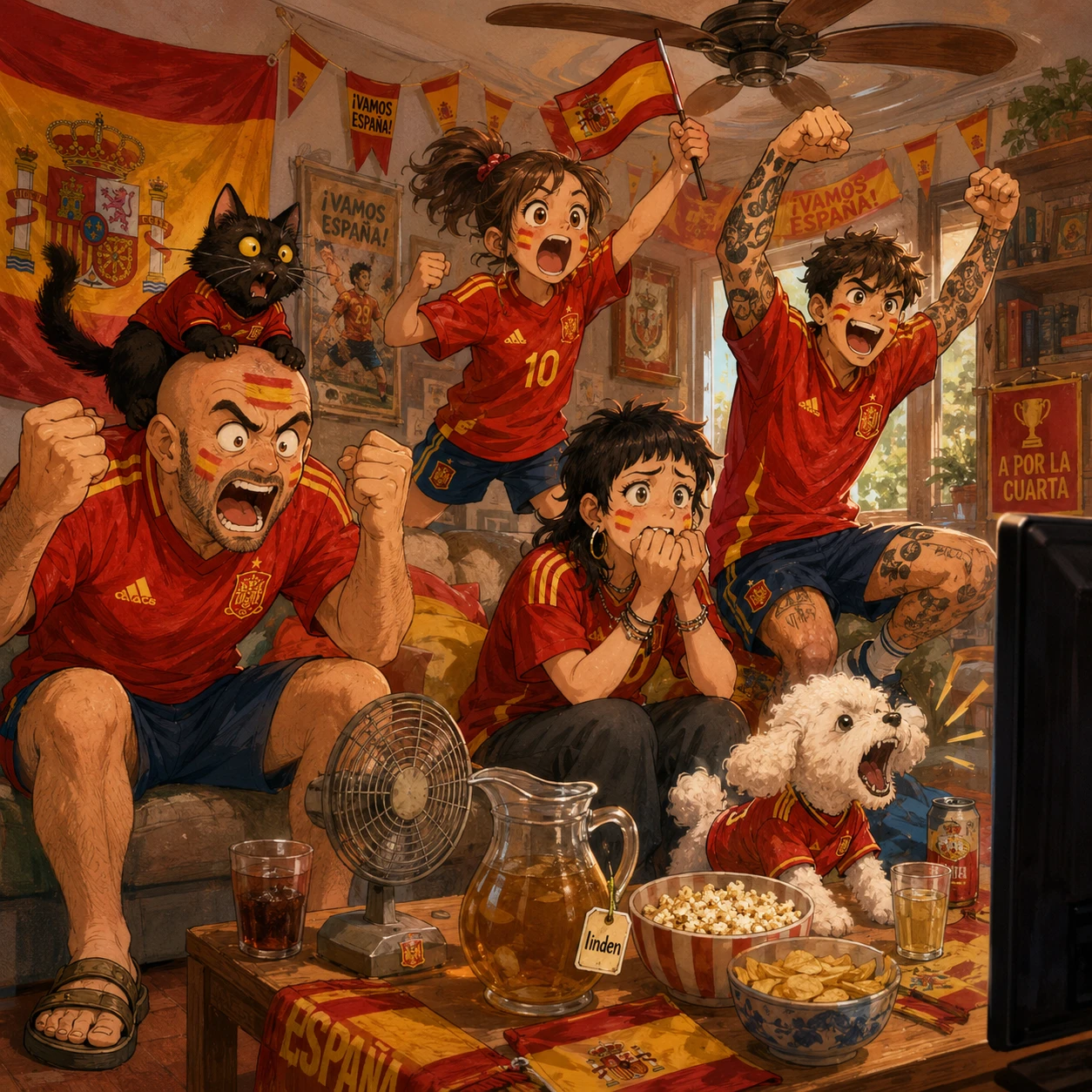 Familia española viendo un partido de fútbol en la sala de estar