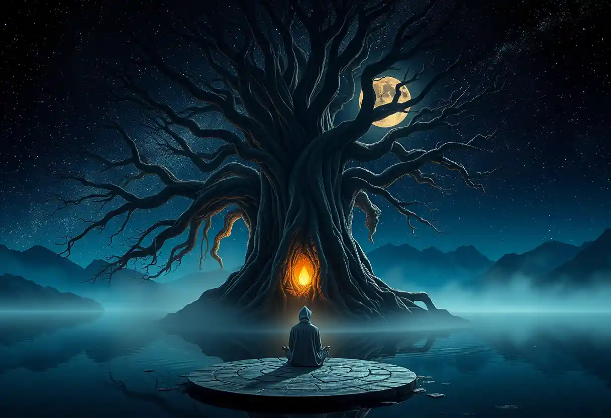 Ancient world tree reflected in a silent starlit lake