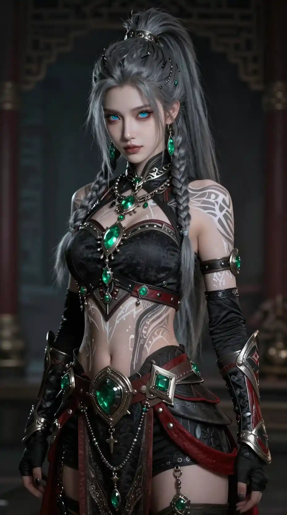 Fantasy warrior woman with braids in oriental interior