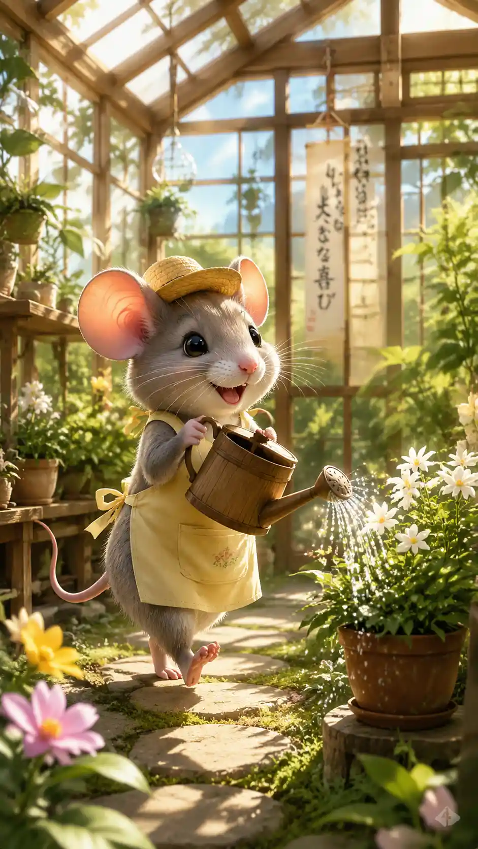 Topolino giardiniere allegro che annaffia le piante in una serra soleggiata