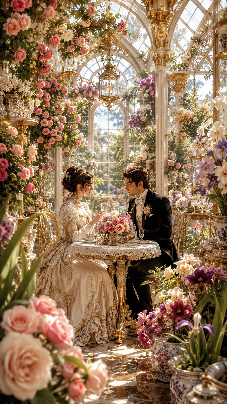 Amantes victorianos cenando en un invernadero de cristal bañado por el sol