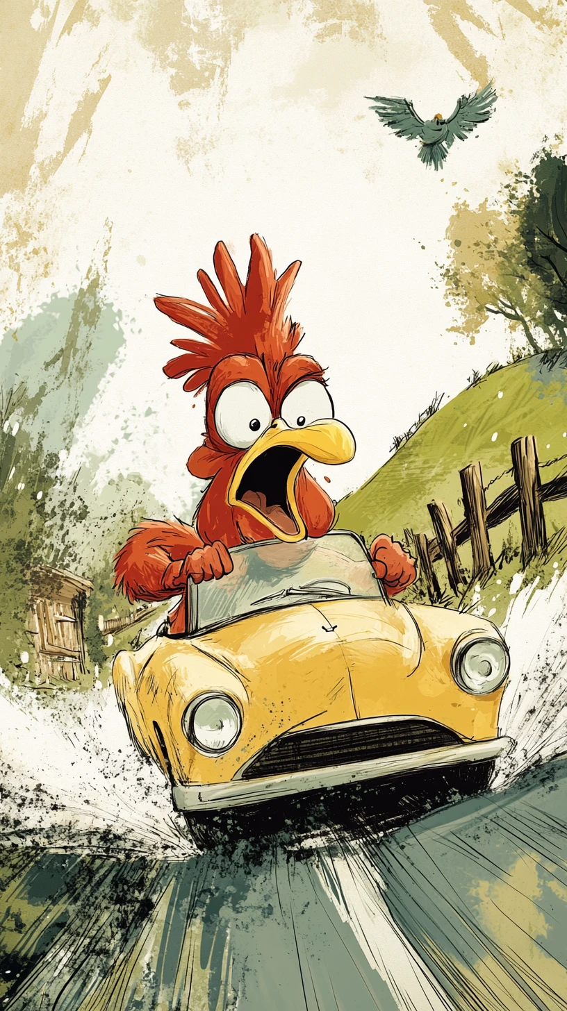 Cartoon rooster racing a vintage car on country road