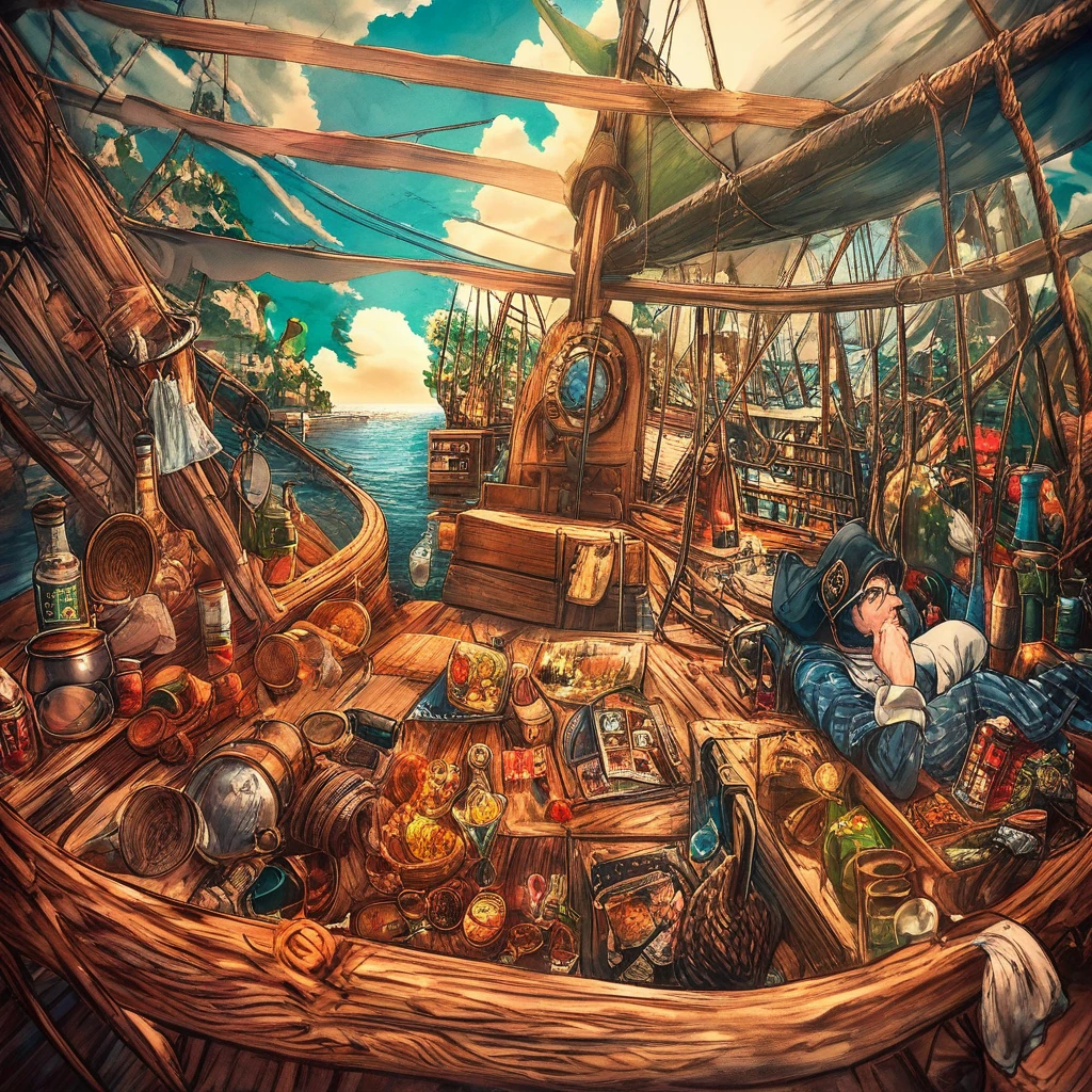 Little child sailing away on a playful pirate ship