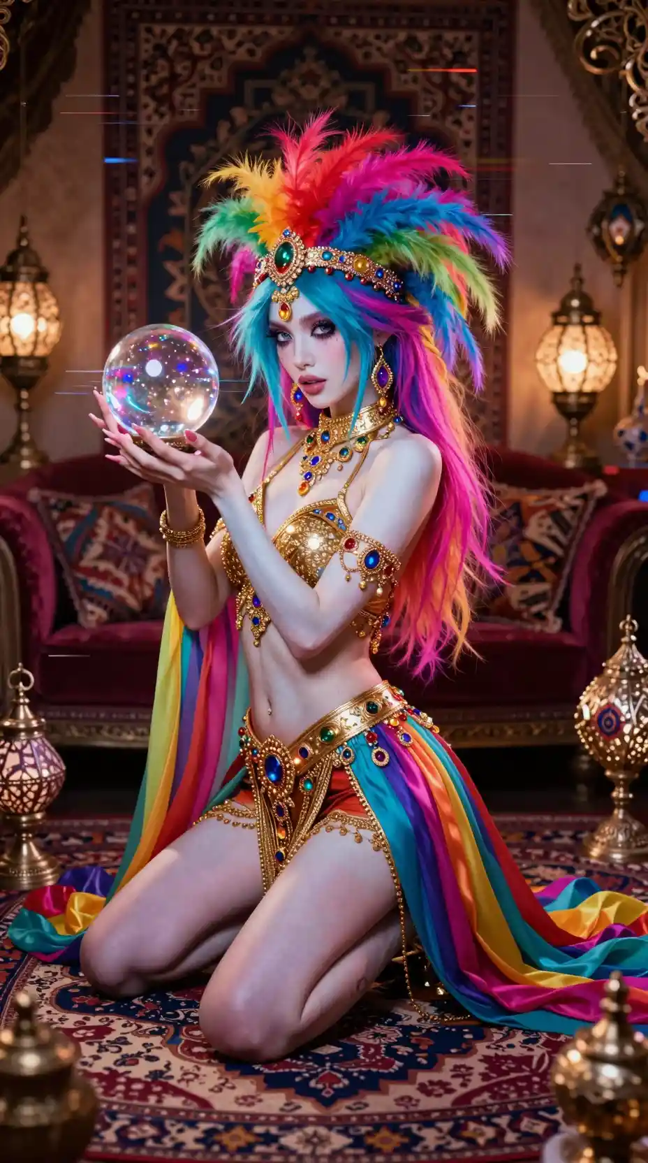 Mystical woman with crystal ball in ornate eastern room