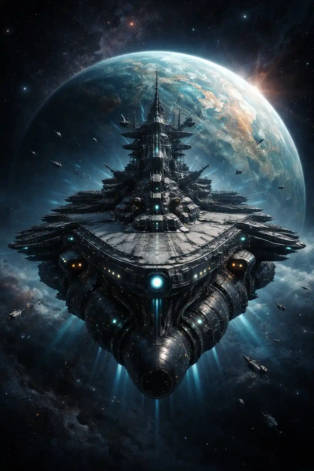 Alien-Kriegsschiff über einem fernen Planeten