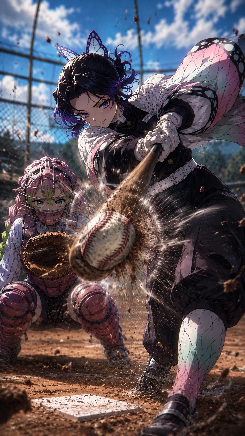 Guerrera de anime destrozando una pelota de béisbol en el home