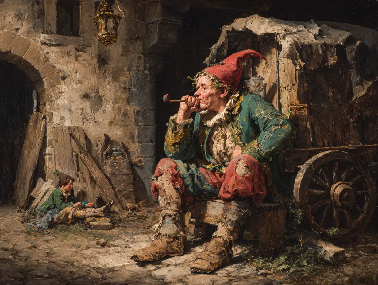 Melancholic clown resting by a crumbling medieval cottage