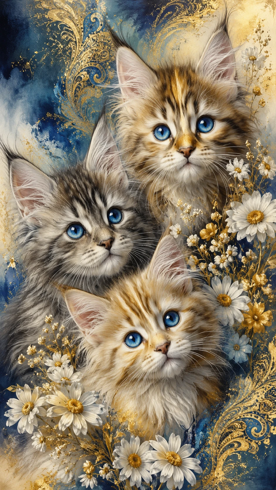 Tres gatitos Maine Coon con margaritas en primer plano