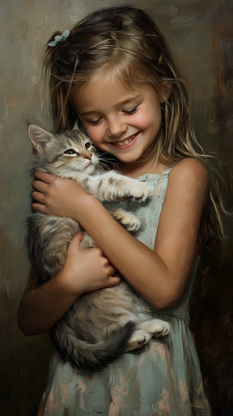 Joven sonriente sosteniendo una pintura de retrato de gato