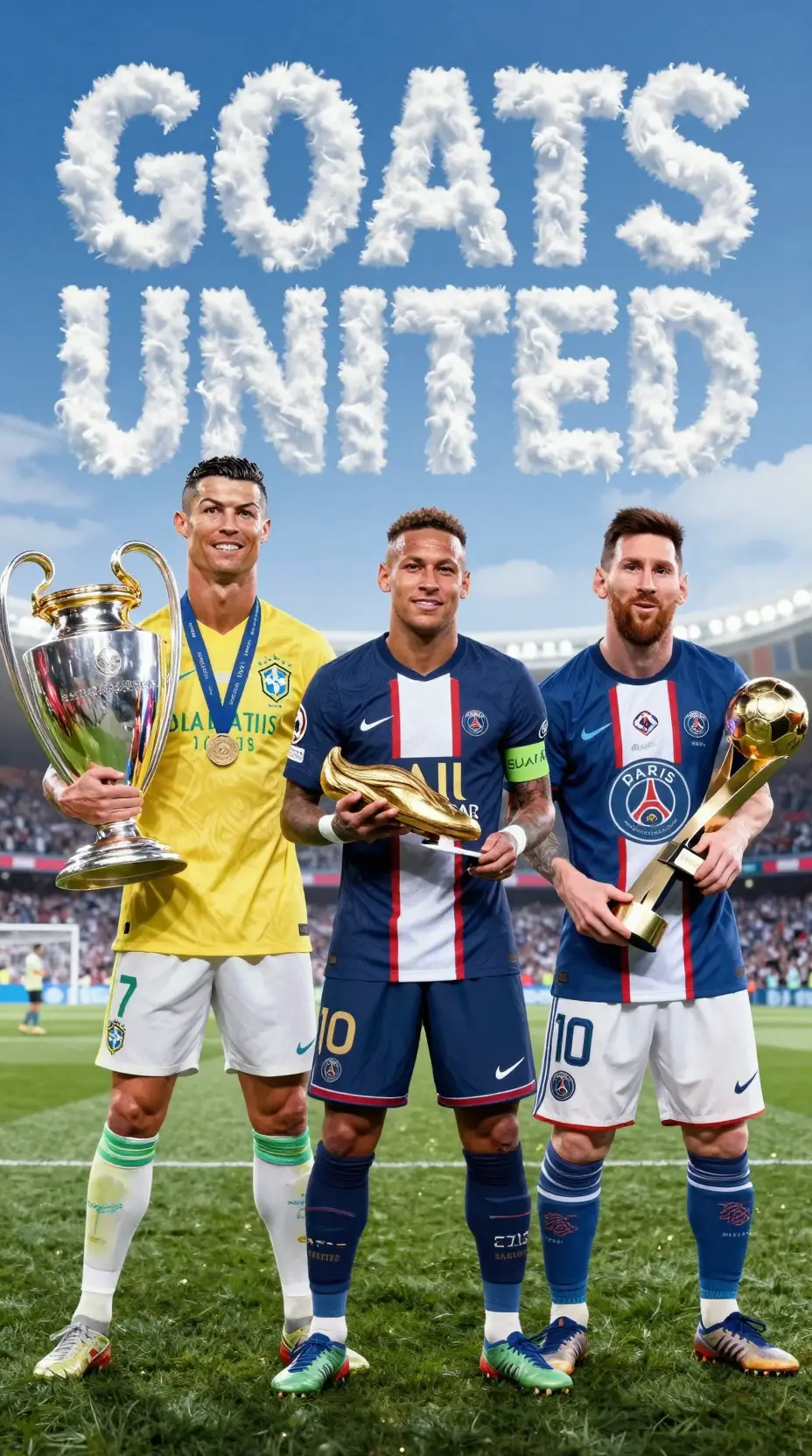 Soccer legends celebrating trophies together on the field