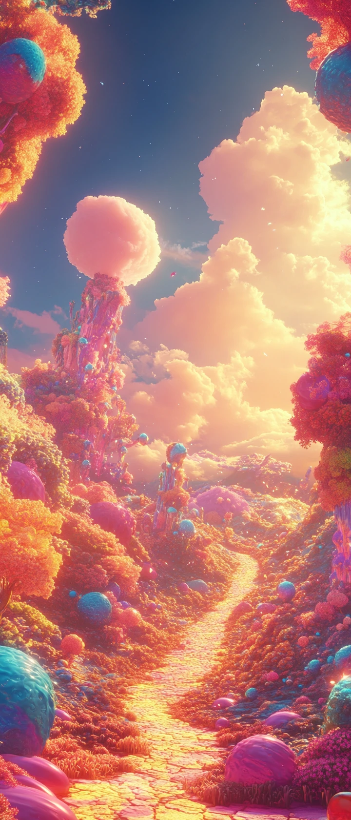Paisaje de anime brillante y surrealista con alegres colores pasteles