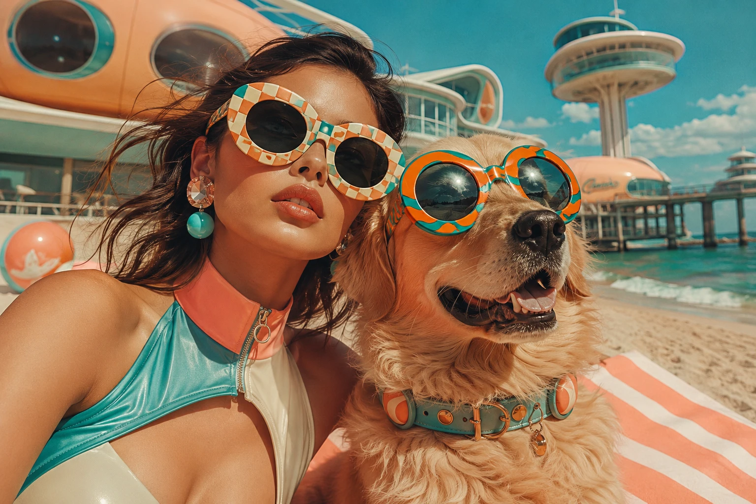 Retrofuturistische Strandmode mit Frau und stylischem Hund