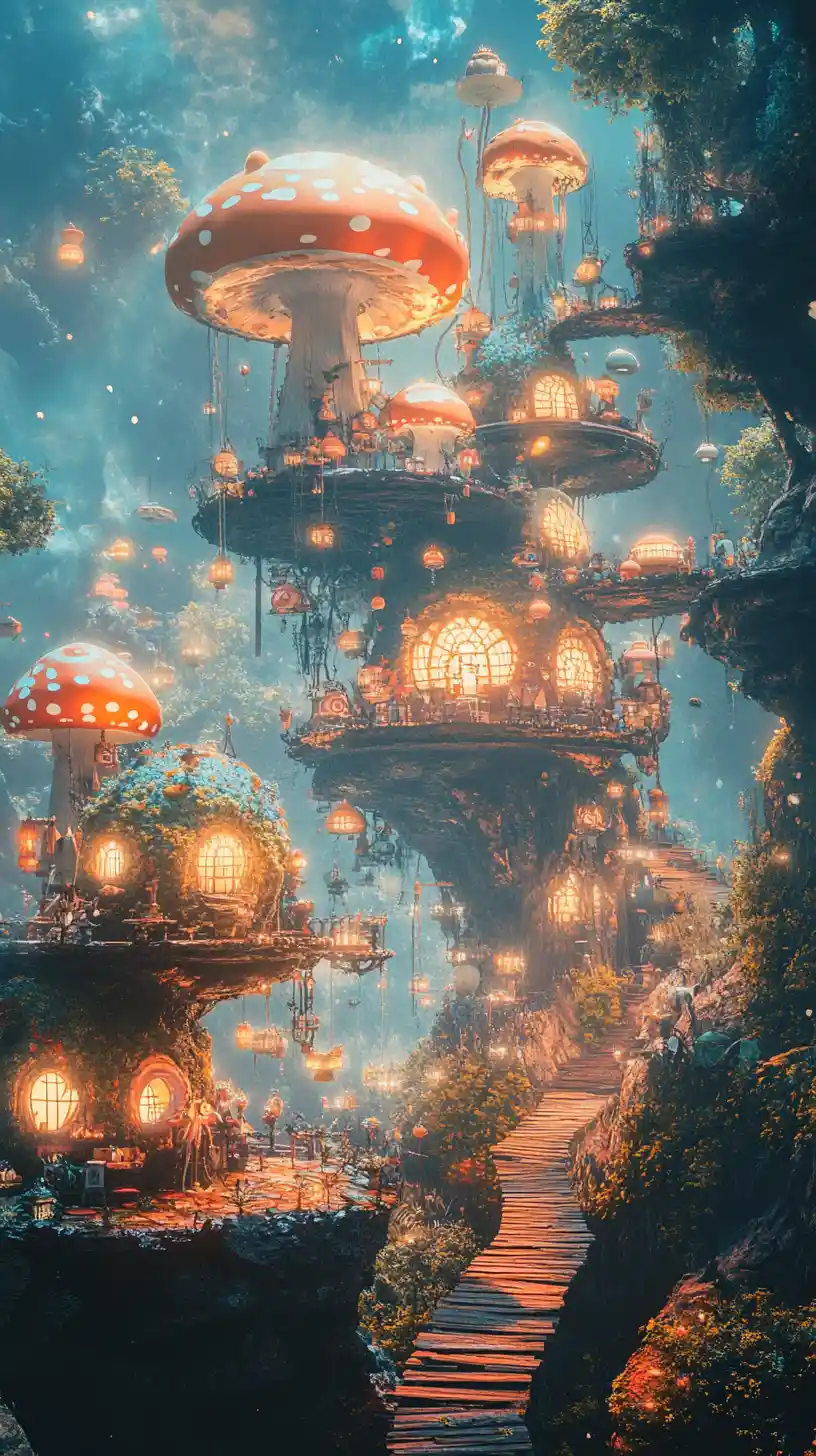 Cheerful surreal anime landscape with vibrant bright colors