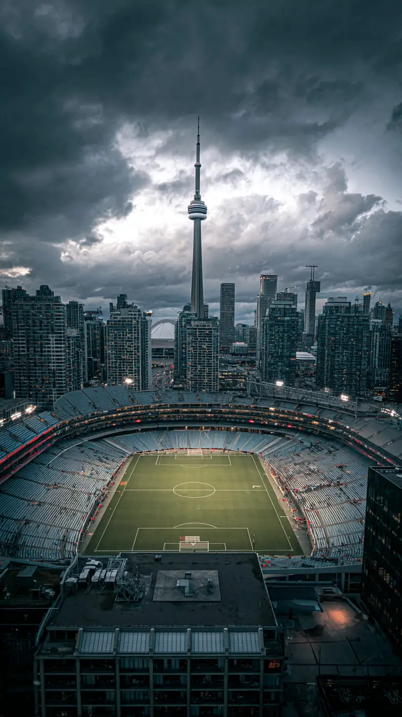 Dark artistic view of Toronto cityscape by football stadium
