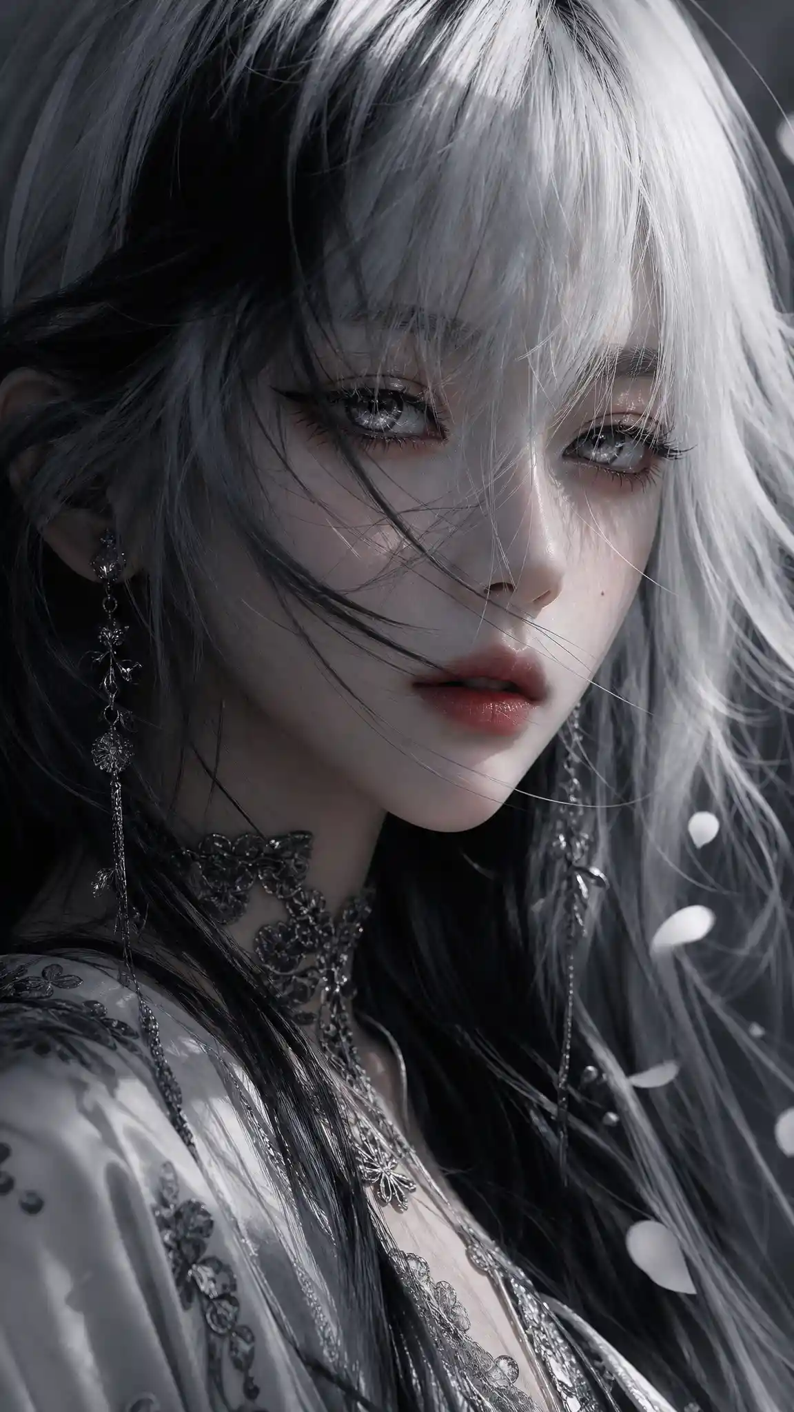 Ethereal anime woman with silvery hair and fragile beauty