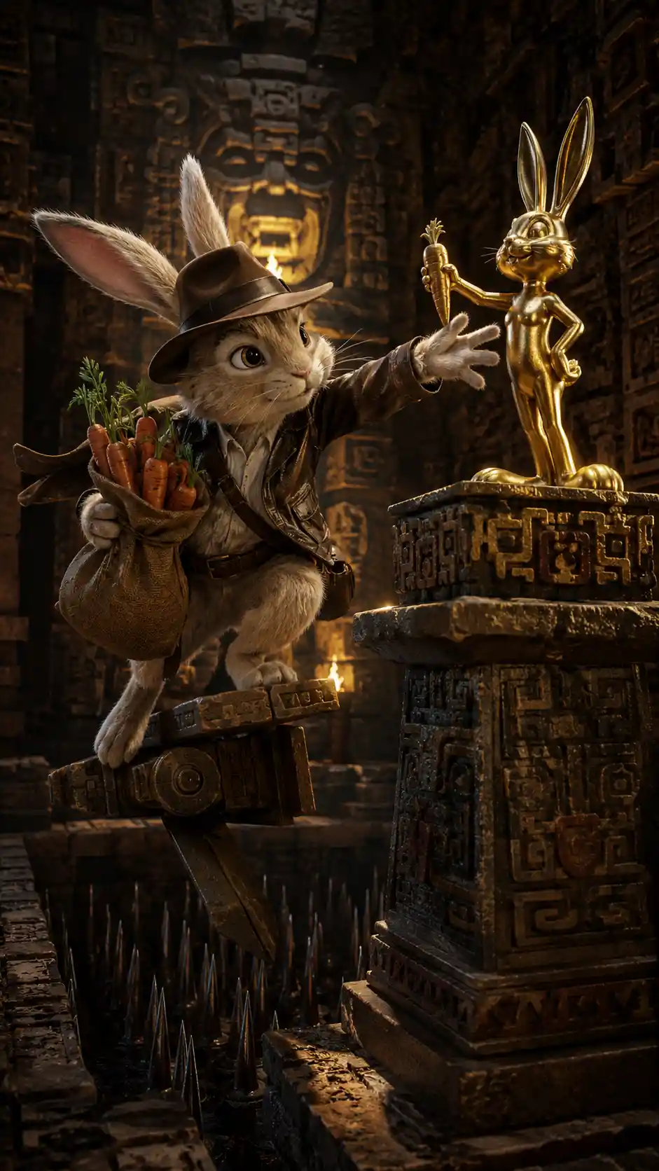 Adventurous rabbit trading carrots in ancient temple