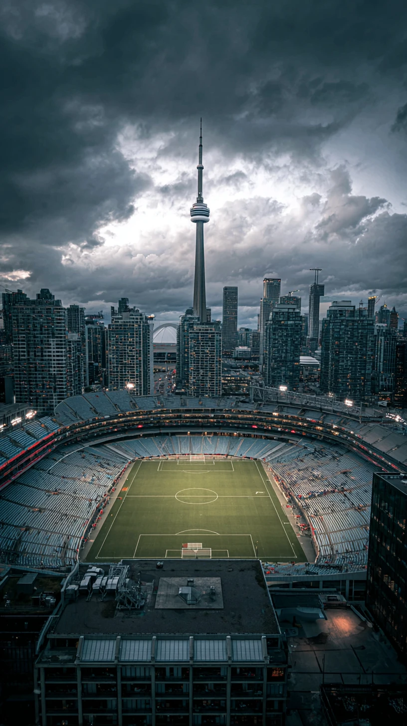 Vista artística oscura del paisaje urbano de Toronto junto al estadio de fútbol