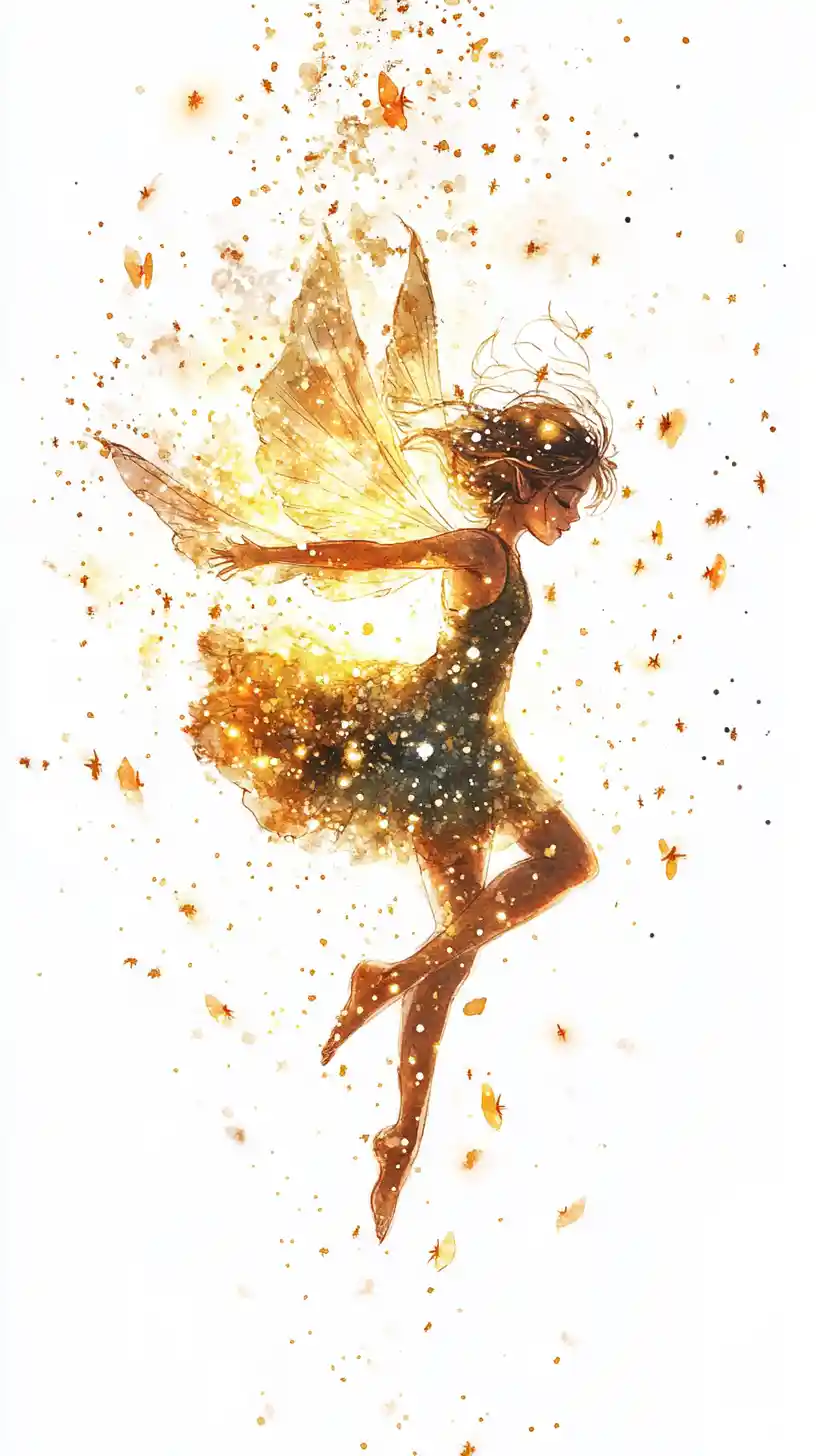 Tiny fairy in glowing fireflies watercolor illustration