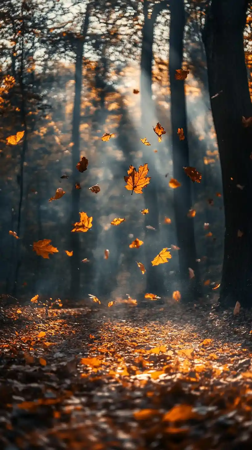Sunlit autumn forest with falling orange leaves