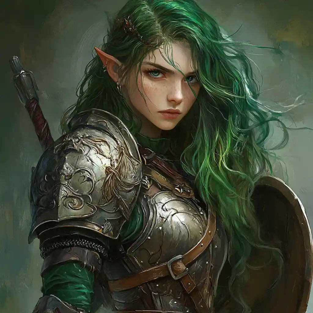 Elf warrior woman with curved sword and round shield