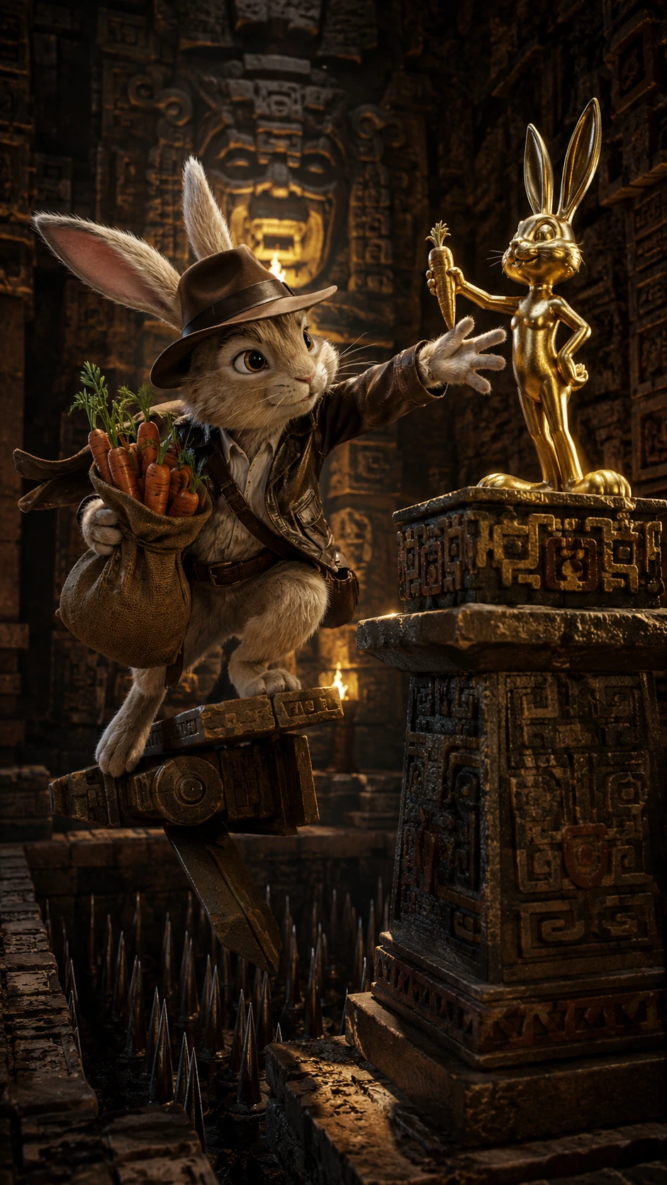 Adventurous rabbit trading carrots in ancient temple