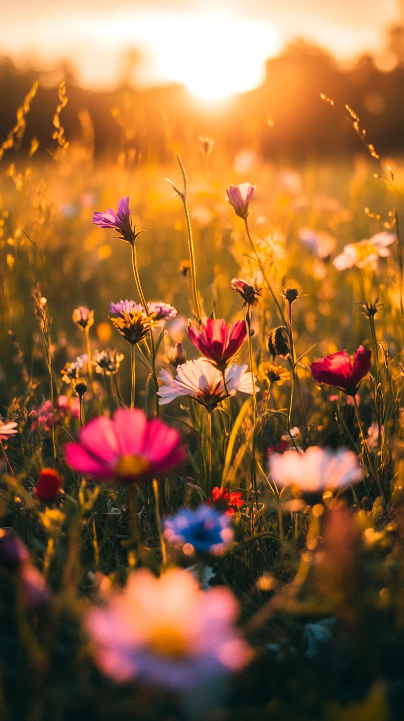 Wide meadow of colorful wildflowers at warm golden sunset
