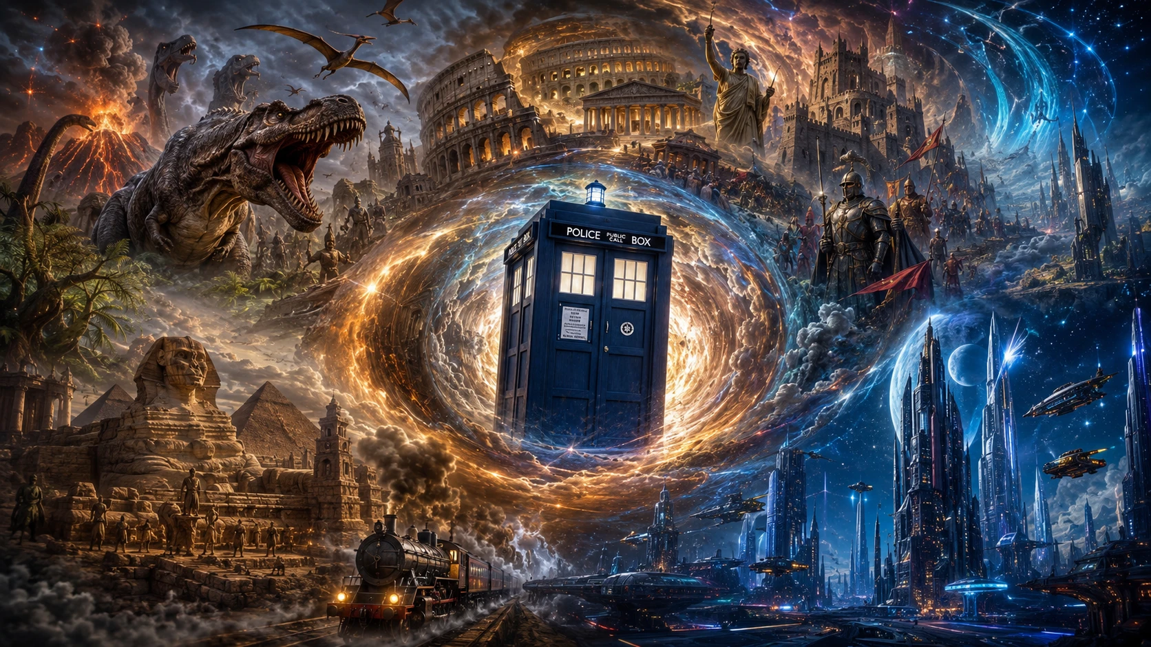 Máquina del tiempo viajando por eras en una escena de fantasía surrealista