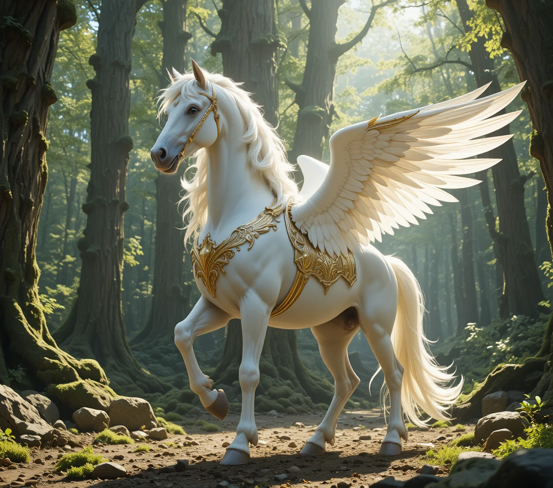 White pegasus in golden armor in a sunlit forest