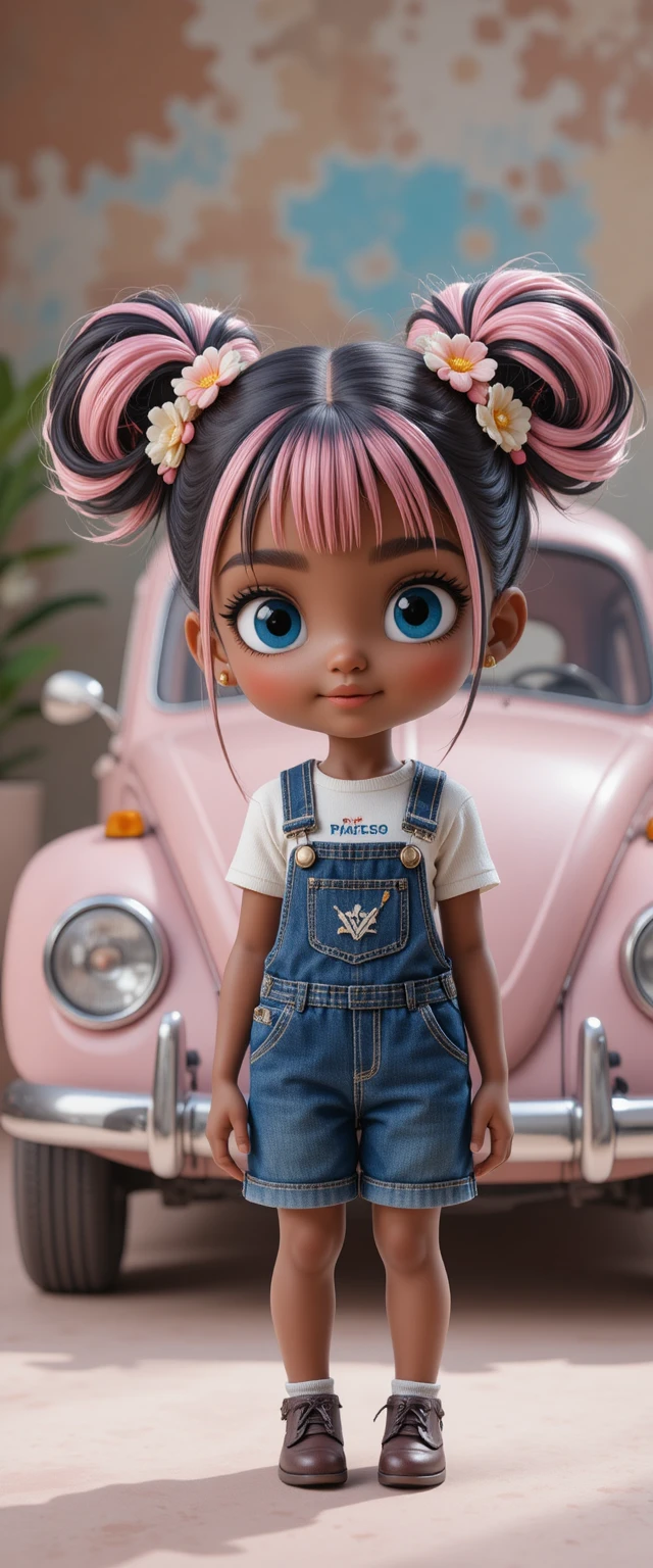 Chibi girl with twin buns beside retro beetle car