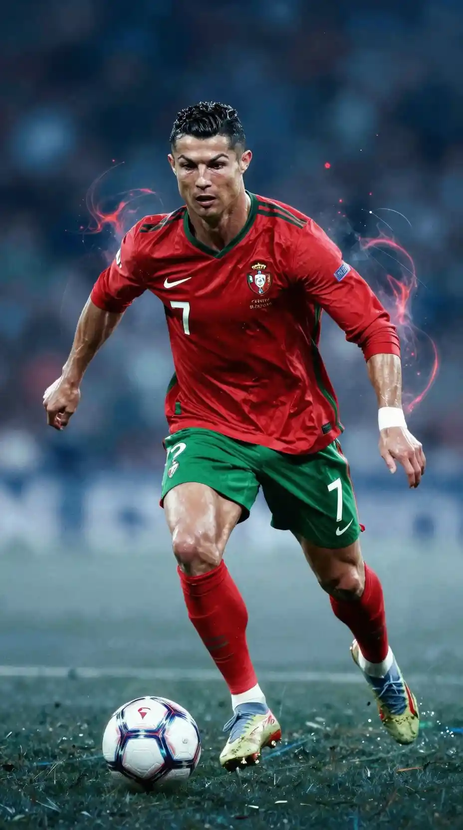 Dynamic soccer player dribbling through swirling red energy