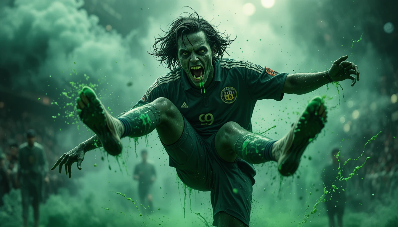 Zombie soccer player midair kick with dramatic close up action