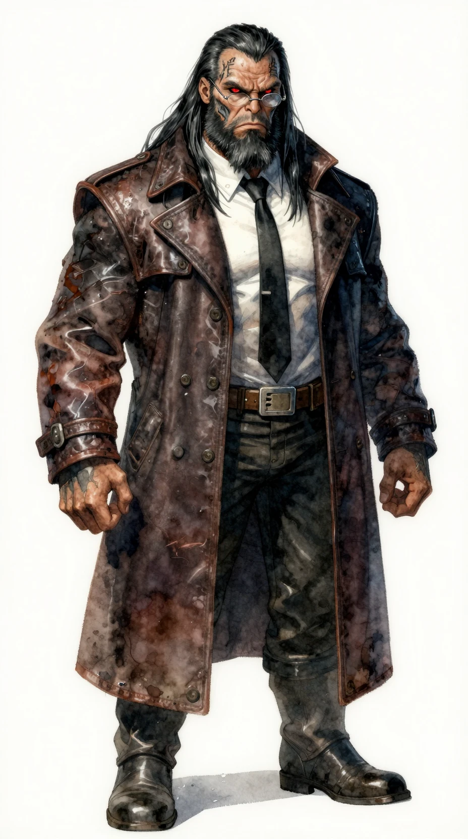 Tall alien gangster in worn trench coat and suit