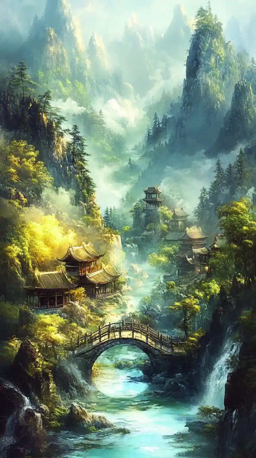 Tranquil Chinese monastery by a misty mountain river