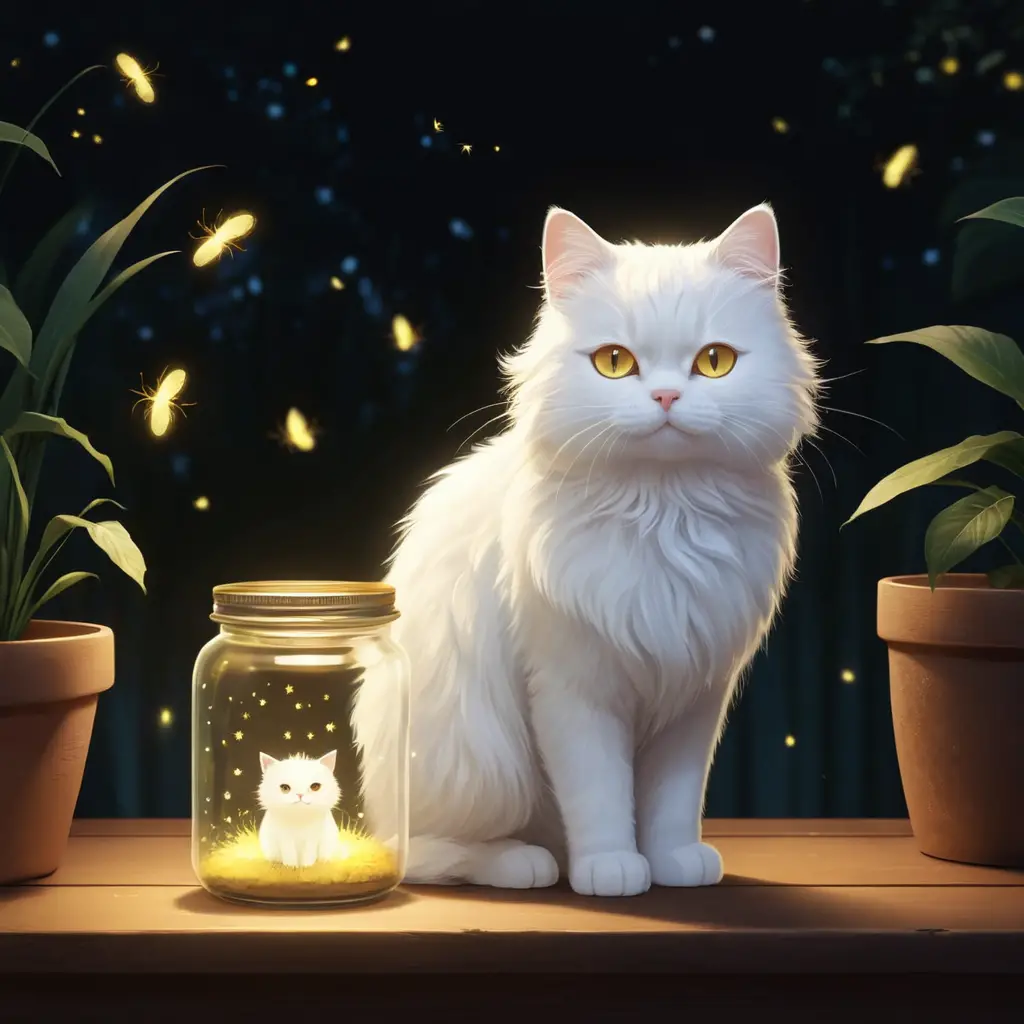 Fluffy White Cat With Glowing Fireflies In A Night Scene